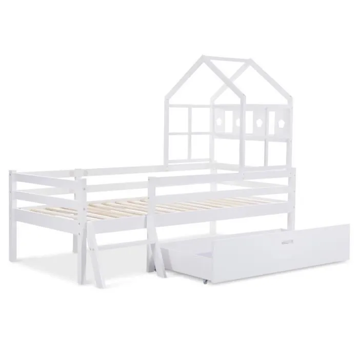 Lit cabane enfant 90x200cm avec échelle et tiroirs, bois massif, Blanc-2
