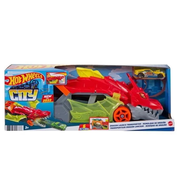 Hot Wheels City - Transporteur Dragon Lanceur 2-en-1 - Camion / Petite voiture - Dès 3 ans GTK42-1