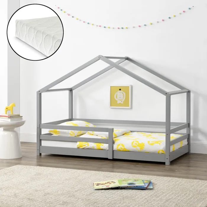 Lit Cabane Knätten avec Grille de Protection et Matelas Mousse à Froid 200 x 90 cm Gris Clair-0