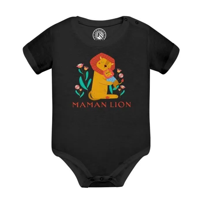 Body Bébé Manche Courte Noir Reine Maman Lion Dessin Illustration Savane-0