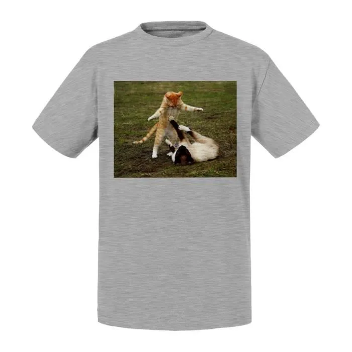 T-shirt Enfant Bleu Beaux Chats Mignon Jouent a se Battre Siamois Roux-0