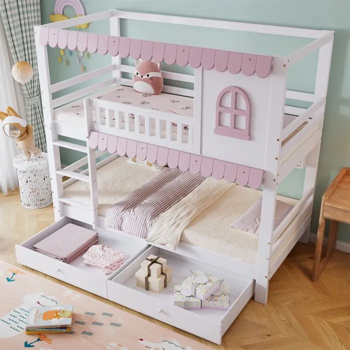 Lit superposé - Enfant - 90x200cm - Blanc + Rose - 2 tiroirs - Étagère ouverte-2