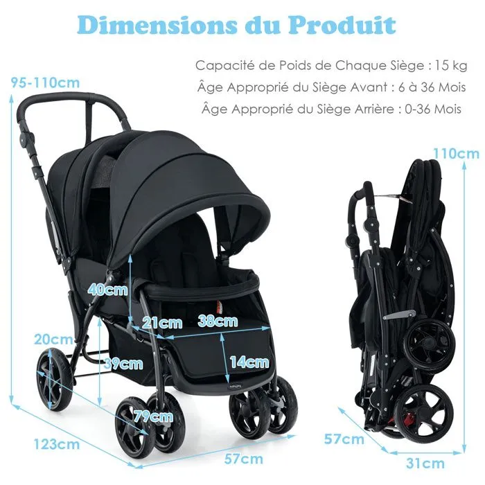 COSTWAY Poussette Jumelle Pliable Double Bébé Auvent Capote Réglable Canne Landau 4 Roues Anti-chocs Harnais à 5 Points-30kg-Noir-5