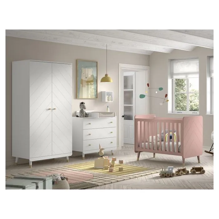 Ensemble Chambre Bébé - Billy - Lit Rose - Commode Blanche - Armoire 2 Portes-1