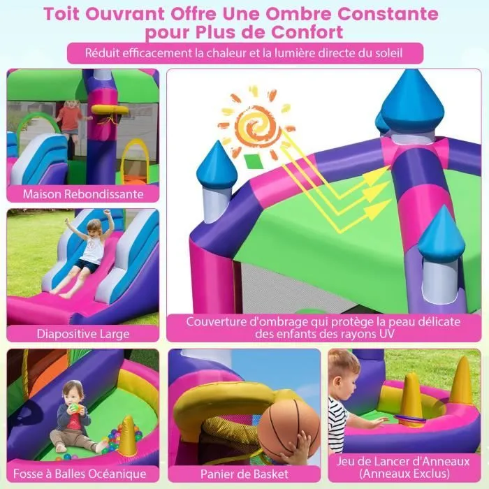 COSTWAY Château Gonflable 5 en 1 avec Toboggan et Toit, 385 x 332,5 x 300 cm, Intérieur et Extérieur pour Enfants 3 ans+-2
