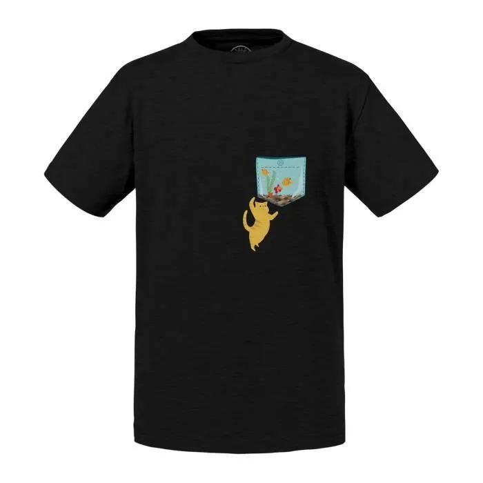 T-shirt Enfant Noir Poche Surprise Chat Aquarium Poisson Dessin-0