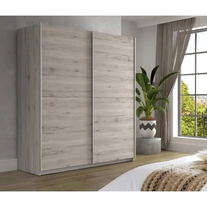 Armoire 2 portes coulissantes - Panneaux de particules - Décor chêne cendré clair - L 170,3 x P 61,2 x H 190,5 cm - ULOS-1