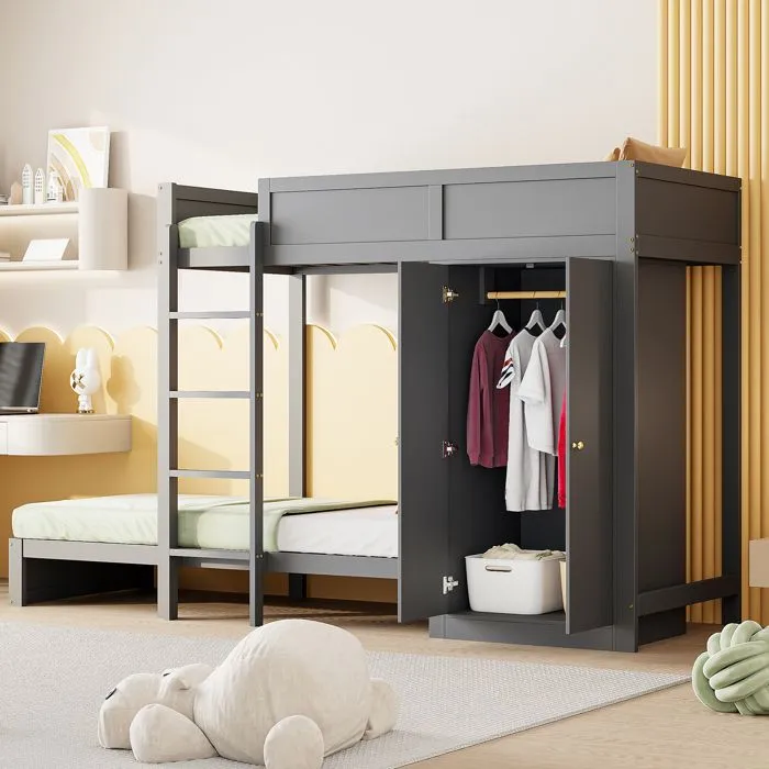 Lit superposé 90x200cm - Gris - Armoire intégrée - 2 places - Bois de pin - Escalier sécurisé-2