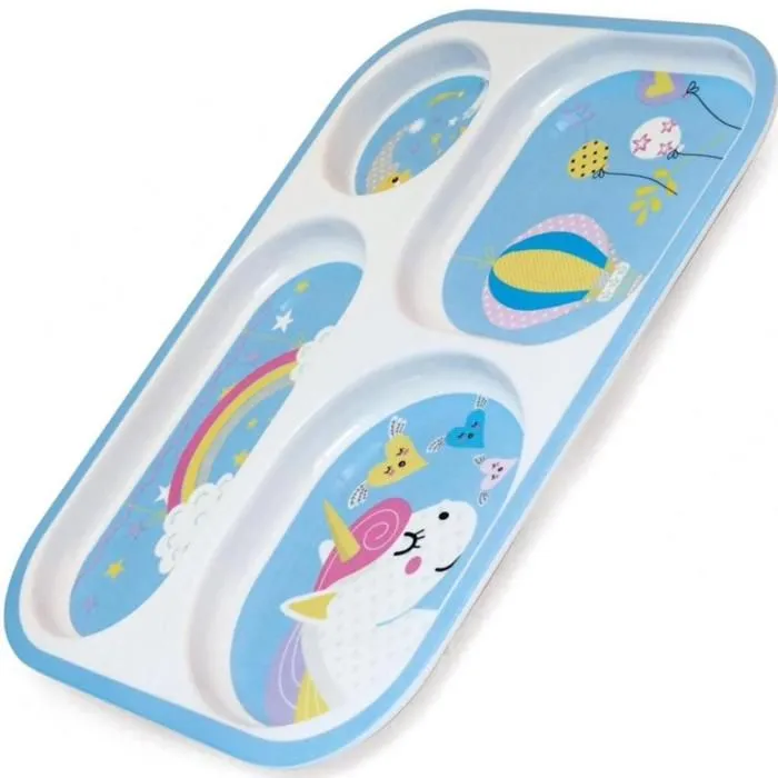 Plateau repas 30 cm - assiette compartimentée décor Licorne, bleu-0