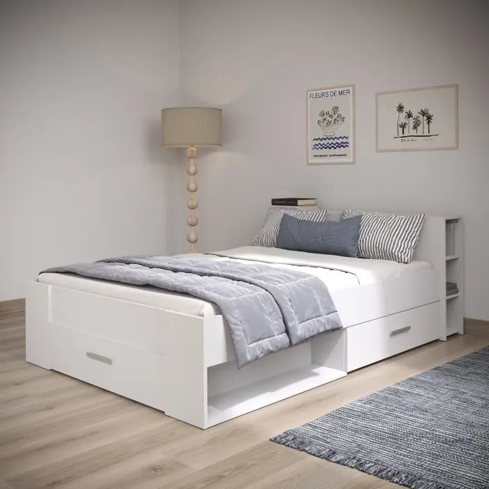 DEMEYERE Lit adulte contemporain blanc perle + tête de lit - l 160 x L 200 cm - OXYGENE-1