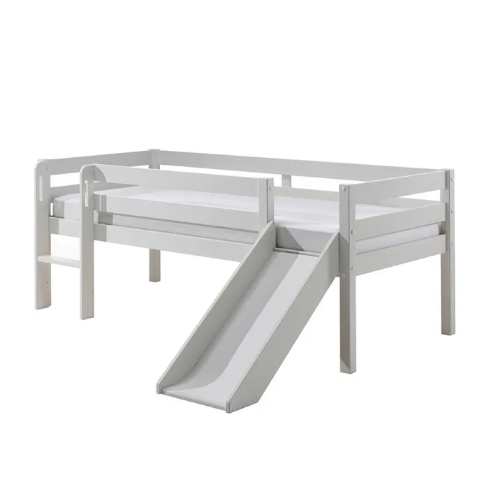 Lit mi-hauteur Pino avec toboggan + 2 tiroirs 90x200 cm - Vipack - Bois de pin massif - Gris-1