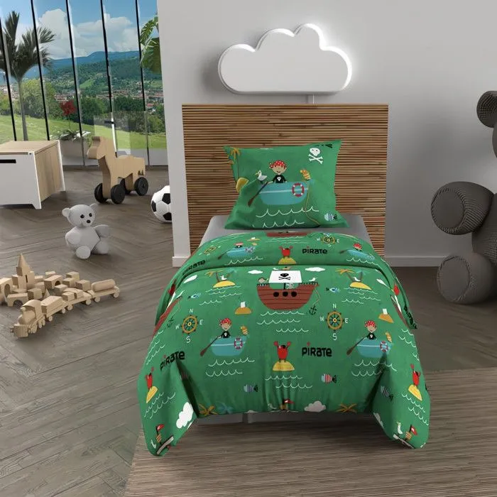 Parure housse de couette 120x150 cm PIRATES vert, 100% coton 57 fils/cm2, par Soleil d'Ocre-0