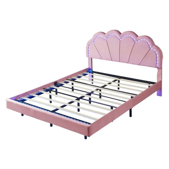 Lit double 140x200cm en velours cadre avec lampes LED pour enfant et adolescents avec sommier à lattes et tête de lit couronne Rose-3