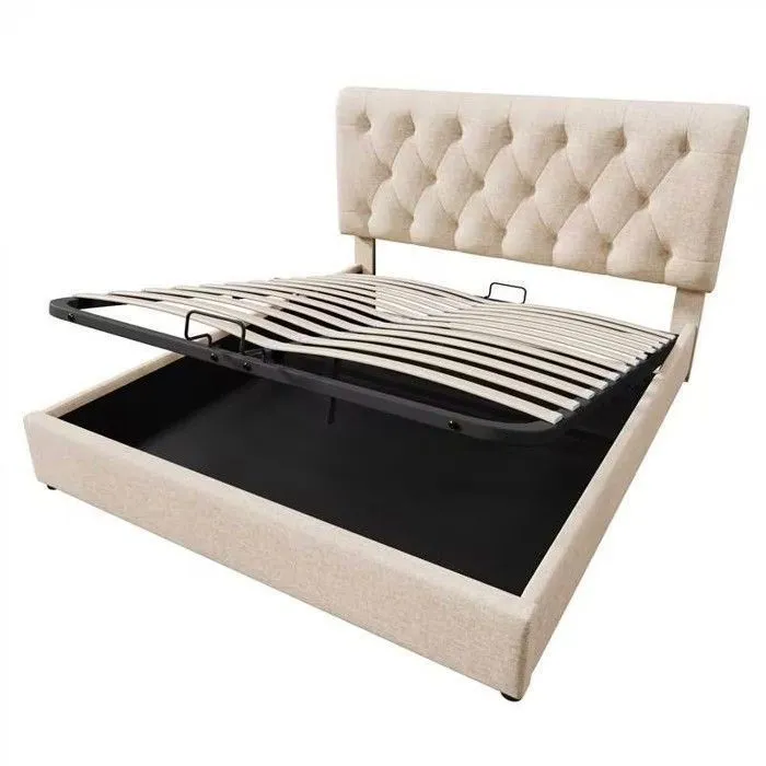 Lit coffre 140x200cm, avec sommier à lattes métalliques, Cadre de lit moderne avec espace de rangement, sans matelas, beige-3