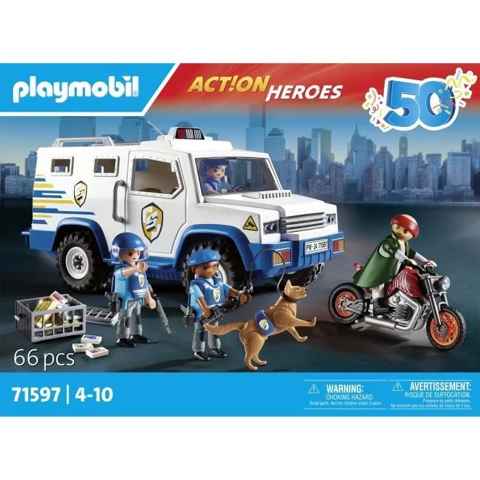 PLAYMOBIL 71597 Fourgon blindé avec convoyeurs de fonds, Action Heroes, Les Policiers, 84 pièces, Dès 4 ans-7