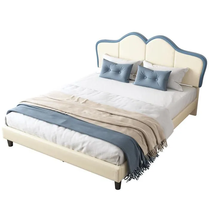 Lit bébé, blanc + bleu, sans matelas, 140x200 cm, avec bords de protection souples, lit double, PU-1