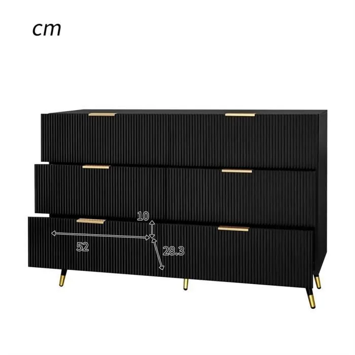 Commode 120x77x40cm - Commode à 6 tiroirs avec poignées dorées, armoire de rangement - élégant au design moderne - Noir-3