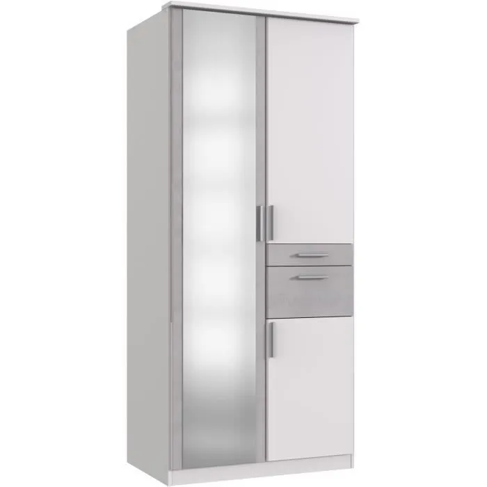Armoire Décor Blanc & béton gris - 3 portes battantes - Miroir - 2 tiroirs - L90 x P58 x H199 cm - VOLOS-0