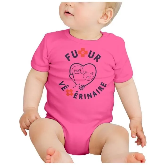 Body Bébé Manche Courte Rose Futur Vétérinaire Métier Animaux Chien Chat-1