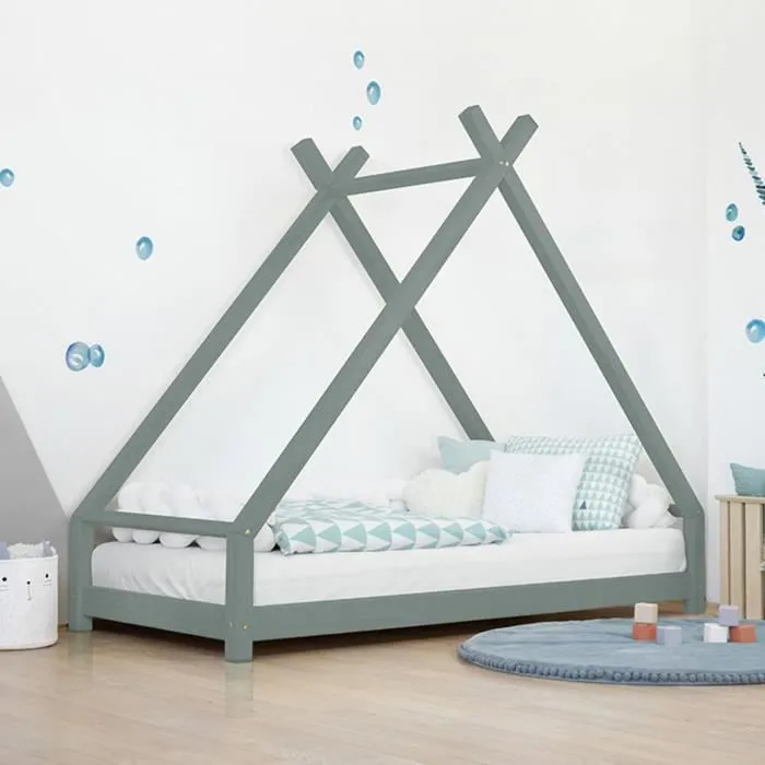 Lit enfant tipi - GENERIQUE - TAHUKA - Bois massif - Vert sauge - A lattes-1