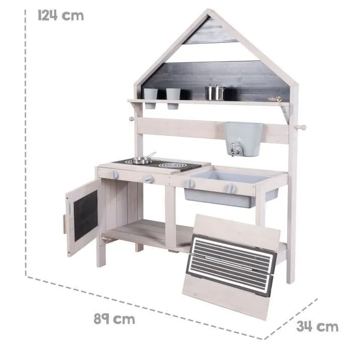 ROBA Jeu Cuisine Enfant en Forme de Maison pour Extérieur - Jouet d'Imitation avec Accessoires - Bois Massif Gris-3