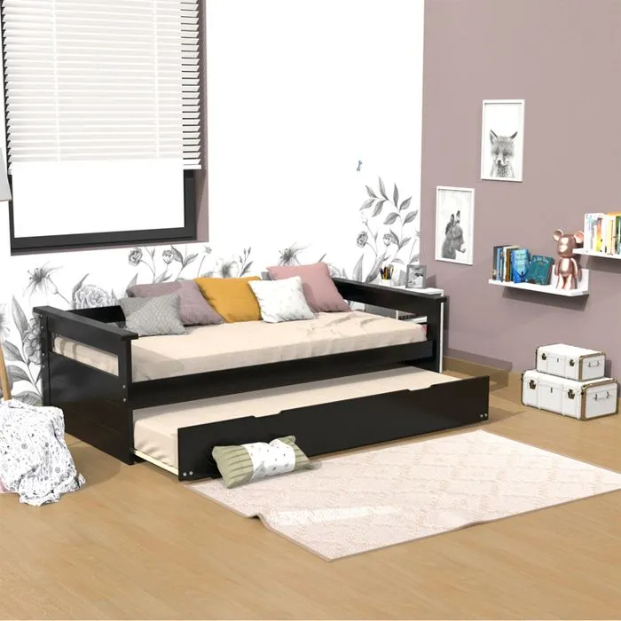 Lit gigogne banquette ALFONSO - DREAMEA - 90x190cm - A lattes - Noir - Avec tiroirs-1