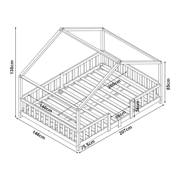 Lit d'enfant Treviolo Forme Maison avec Matelas à Mousse à Froid 200 x 140 cm Naturel-2