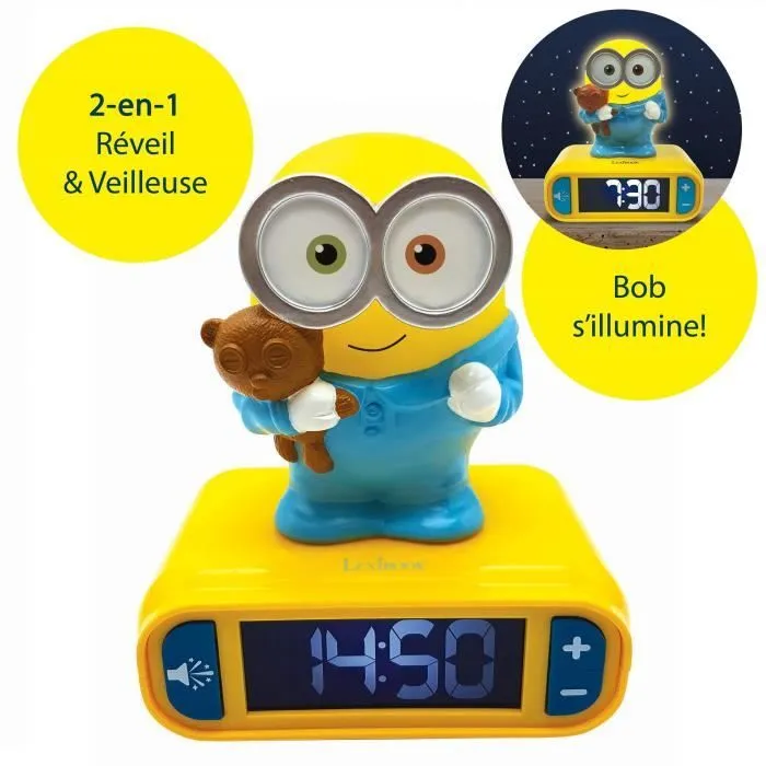 Réveil veilleuse digital LEXIBOOK - Les Minions - 3D lumineux et sonore - Jaune et bleu - Enfant-1