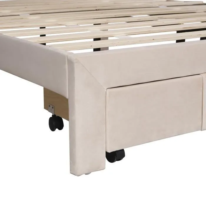 Lit double capitonné 140x200 cm en tissu avec grand tiroir, 2 personnes, Sommier à lattes inclus, Scandinave, Beige foncé-2