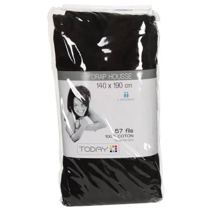 Drap housse - Coton - Noir - 140x190 cm - 57 fils/cm² - Lavable à 40°C-1