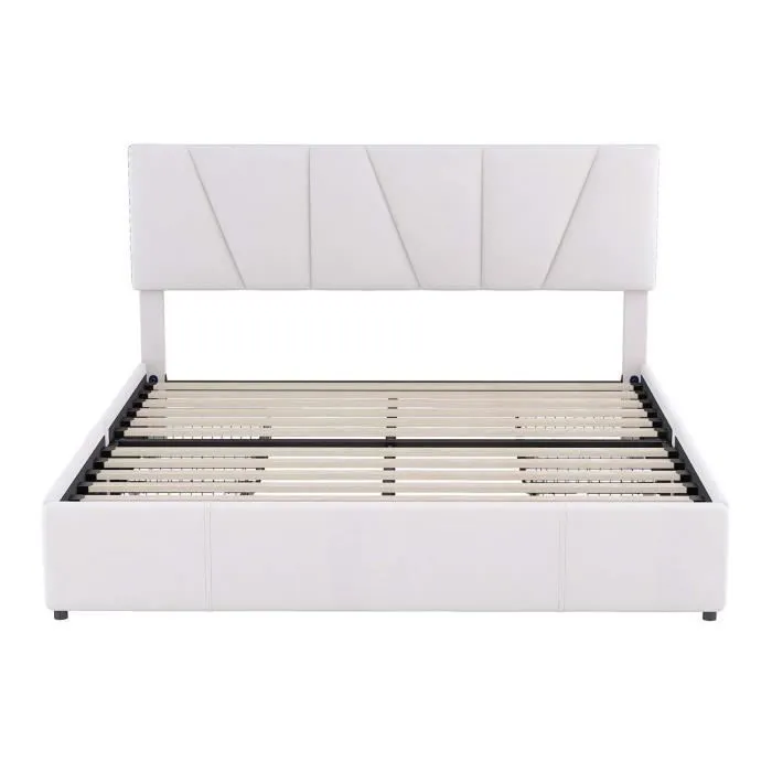 Lit adulte 160x200 cm, Lit capitonné avec 4 tiroirs, en velours, Tête de lit réglable, Beige-1