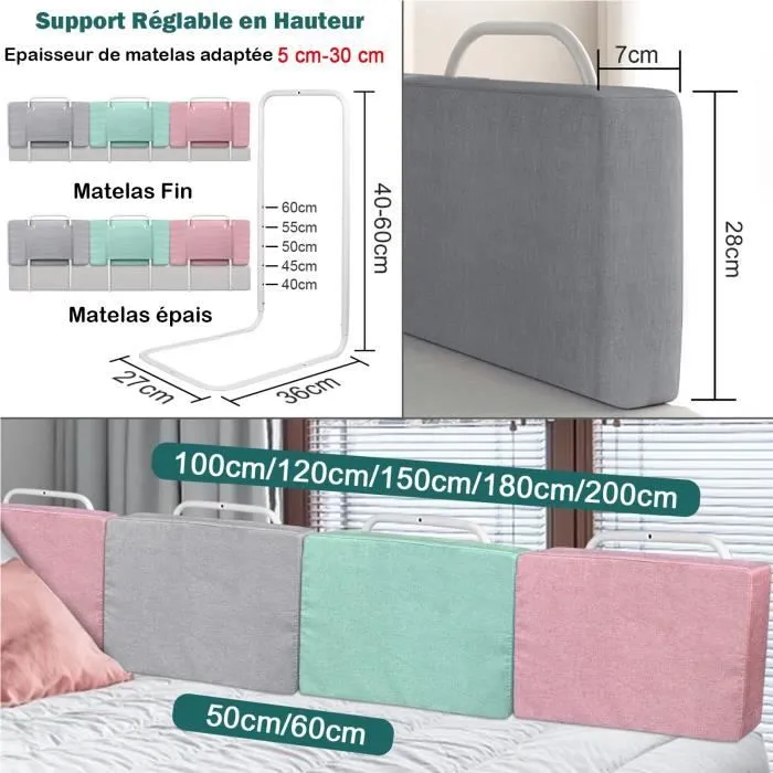 LZQ Barrière de lit Bébé Barrière Protection Lit Enfant, Protection contre les chutes, Hauteur réglable, 60 cm Gris-1