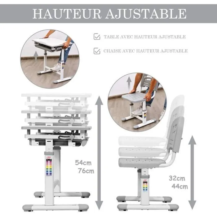 COSTWAY Bureau Enfant Ergonomique Hauteurs et Angle Réglable 0-40° Ensemble Table avec Chaises,Table à Dessin avec 1 Tiroir Gris-2