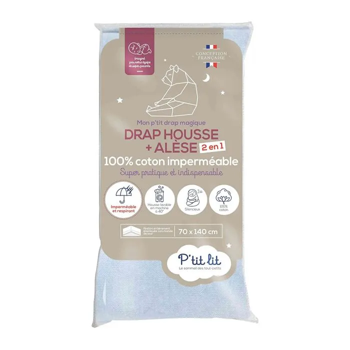 Drap housse bébé + alèse 2 en 1 coton imperméable gris 70x140 cm - Gris - P'tit Lit-0