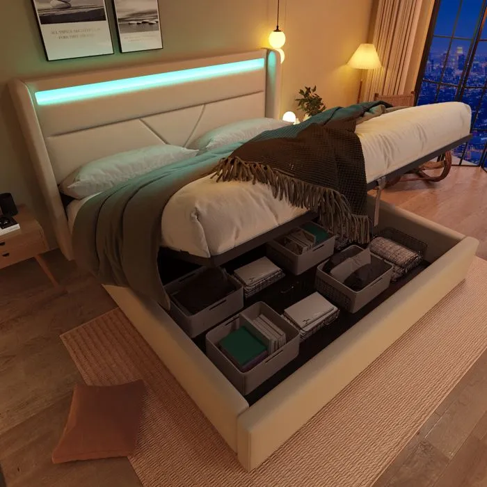 Lit adulte 160x200 cm, lit coffre avec LED, sommier à lattes, tissu en PU, blanc-0