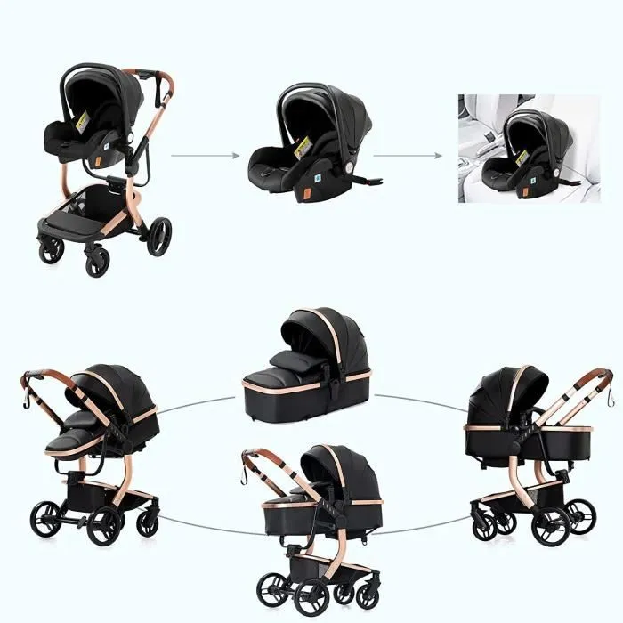 Poussette Combinée 3 en 1 - MARQUE - Modèle - Noir - 4 roues - Pliable - Légère-1