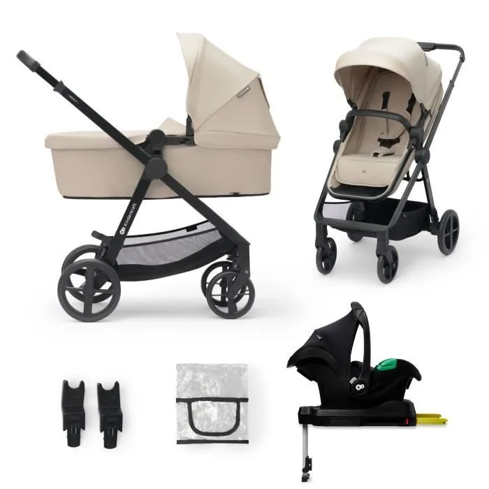 Poussette 4 en 1 Combinée - KINDERKRAFT NEWLY - avec Siège auto e base I-size - Système de voyage - Légère 7,5 kg - Plie - Beige-0