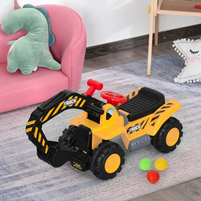 Tracteur tractopelle enfant dès 3 ans coffre panier de basket intégré et balles HDPE jaune noir-2