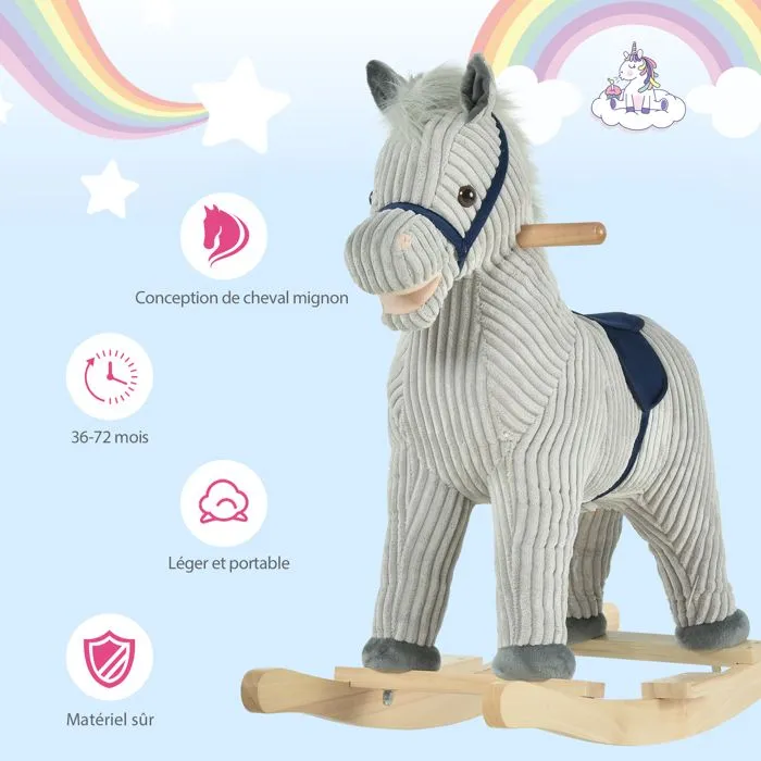 Cheval à bascule pour enfant - HOMCOM - à effets sonores - avec poignées, pédale, pour 36-72 mois - 73 x 35 x 64 cm - gris et blanc-5