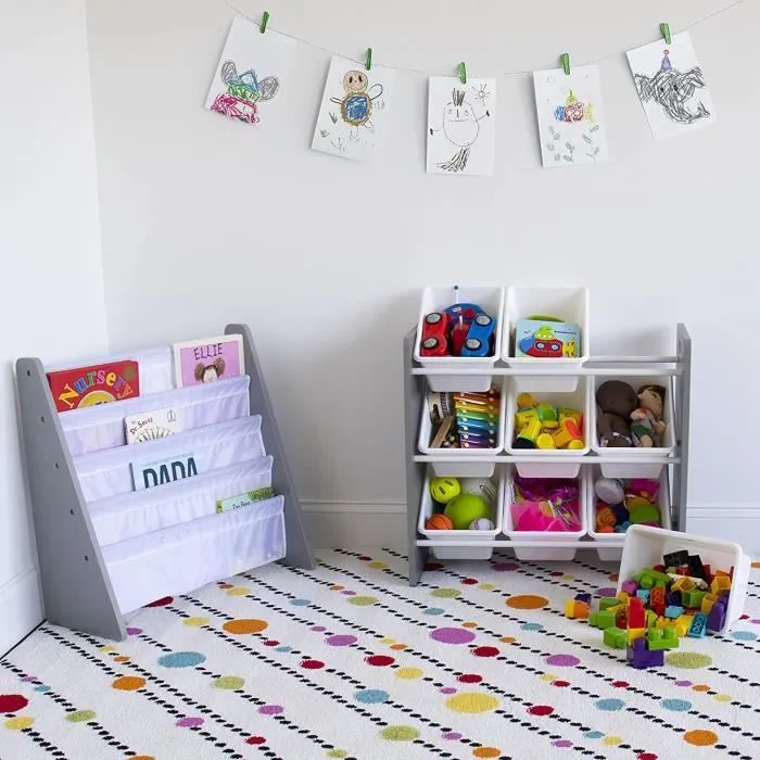 Organisateur de jouets pour enfants - Humble Crew - 9 bacs en plastique - Gris et blanc-3