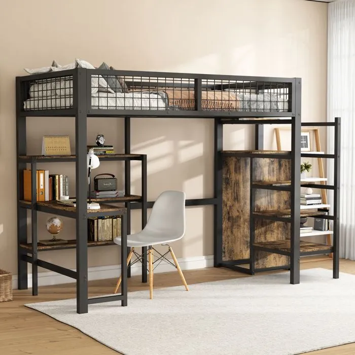 Lit mezzanine - Noir - 90x200cm - Métal - 3 étagères - Armoire intégrée-0