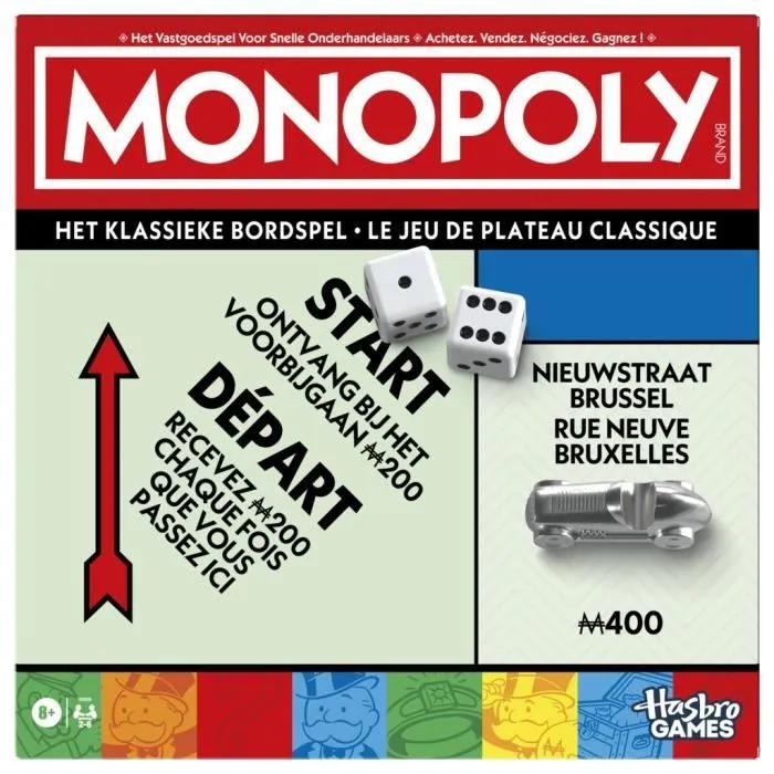Monopoly classique, jeu de société de plateau, avec boîte de rangement et pions grand format, 2 à 6 joueurs, version FR, dès 8 ans,-0