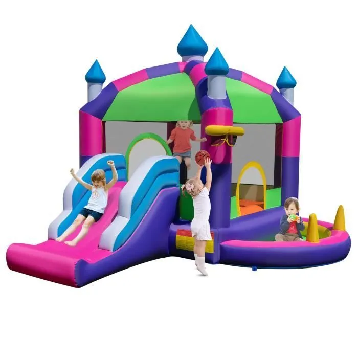 COSTWAY Château Gonflable 5 en 1 avec Toboggan et Toit, 385 x 332,5 x 300 cm, Intérieur et Extérieur pour Enfants 3 ans+-0