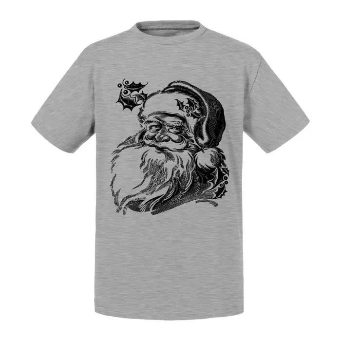 T-shirt Enfant Gris Dessin Pere Noel Noir Et Blanc Vintage Retro Santa Claus-0