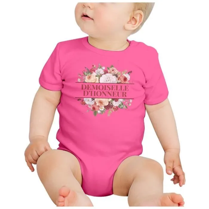 Body Bébé Manche Courte Rose Demoiselle d'Honneur Mariage Mariée Bouquet Fleurs-1