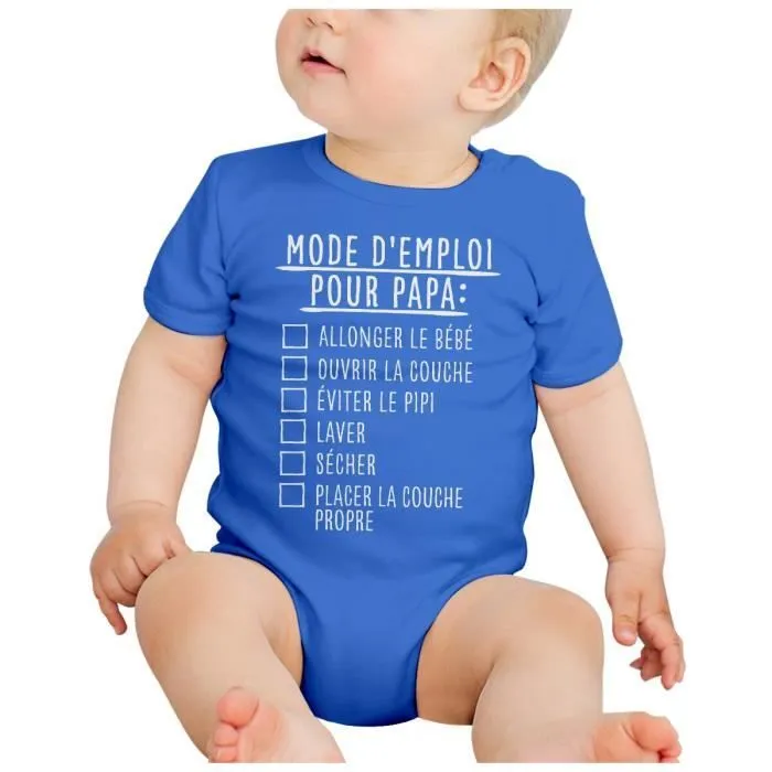 Body Bébé Manche Courte Bleu Mode D'Emploi Pour Papa Couche Humour Blague-1