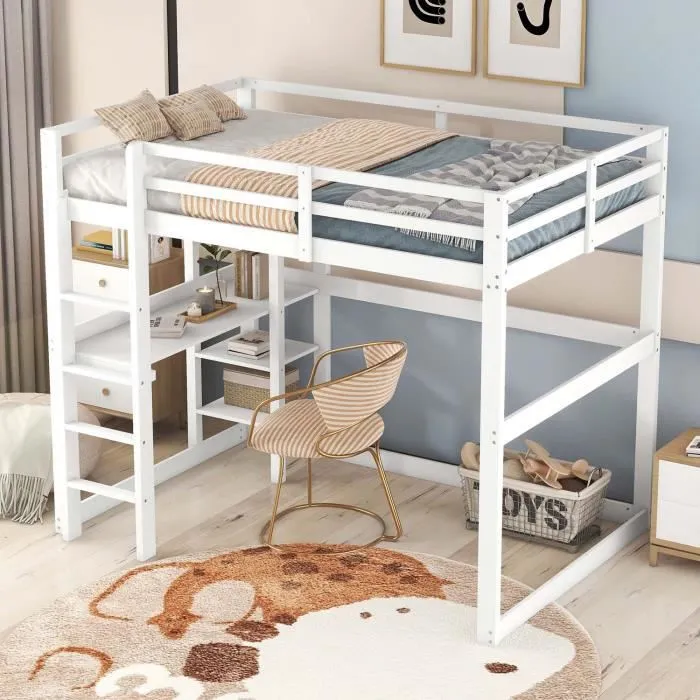 Lit mezzanine enfant - MODERNLUXE - 140 x 200 cm - Bureau et étagères - Bois massif - Blanc-0