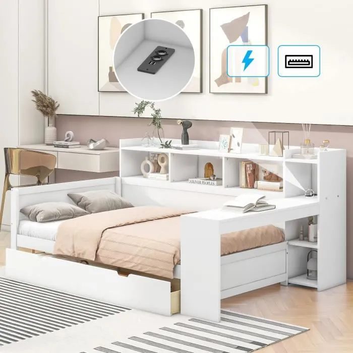Canapé-lit - Canapé-lit méridienne - 90x200 cm - 2 tiroirs - Bureau avec port USB - Blanc-0