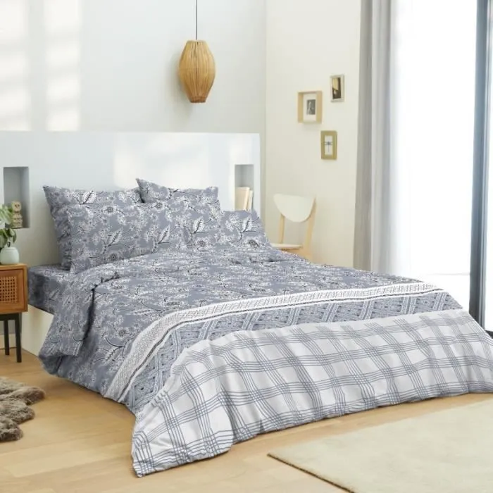 Pack complet housse de couette réversible pour lit 140 x 190 cm Floral lavande-0