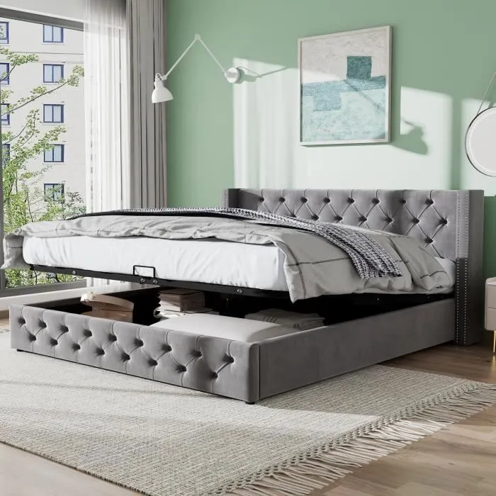 Lit coffre double 140x200 cm, lit capitonné en velours avec sommier, gris-0